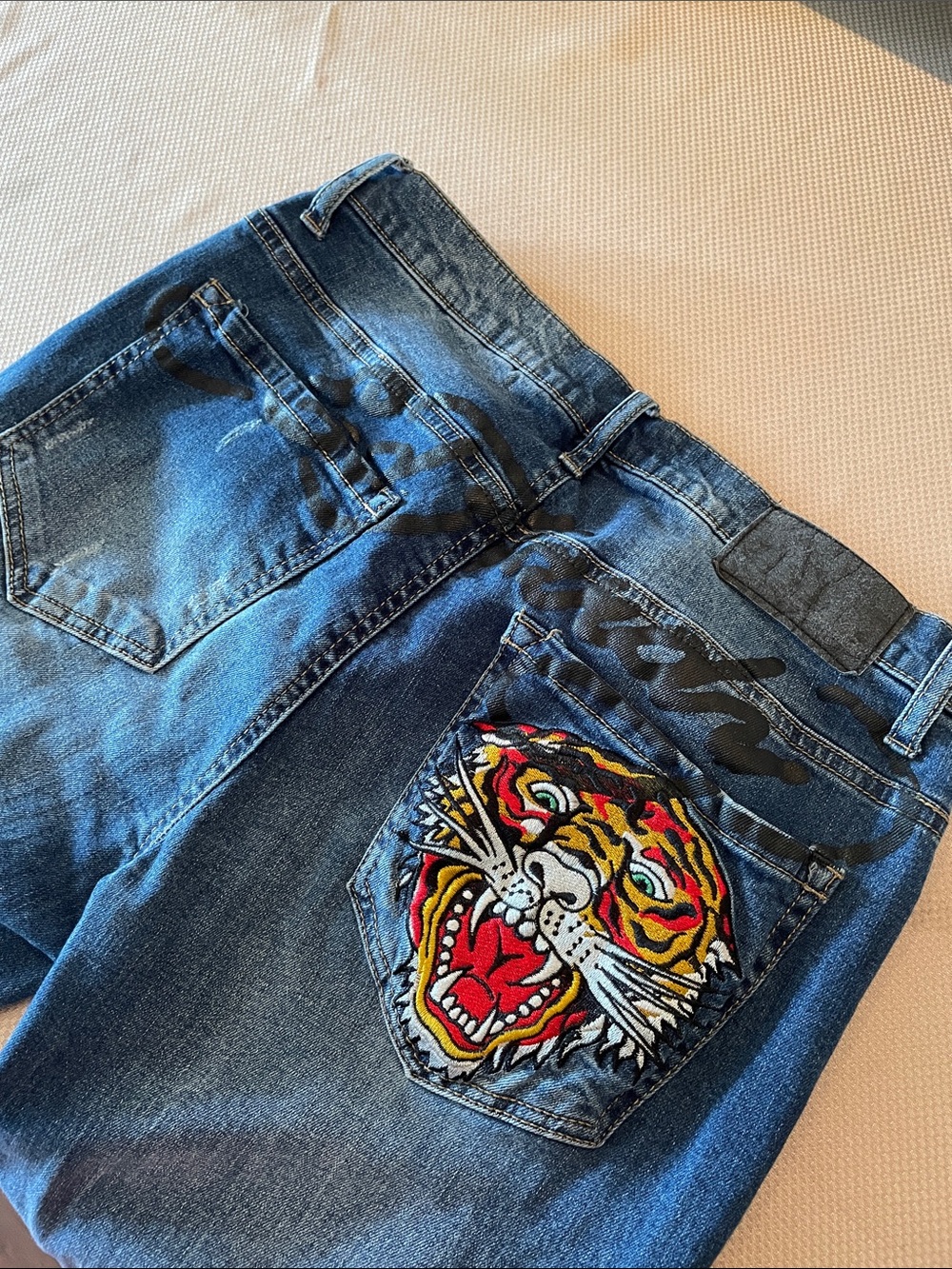 Vintage Ed Hardy Blue Jeans with Embroidered Tiger Patch Size 30